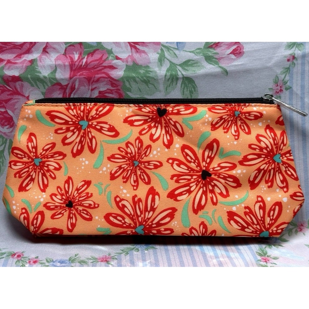 Clinique Floral Makeup Bag Orange Red Daisy Print‎ Cosmetic Pouch 5x10"